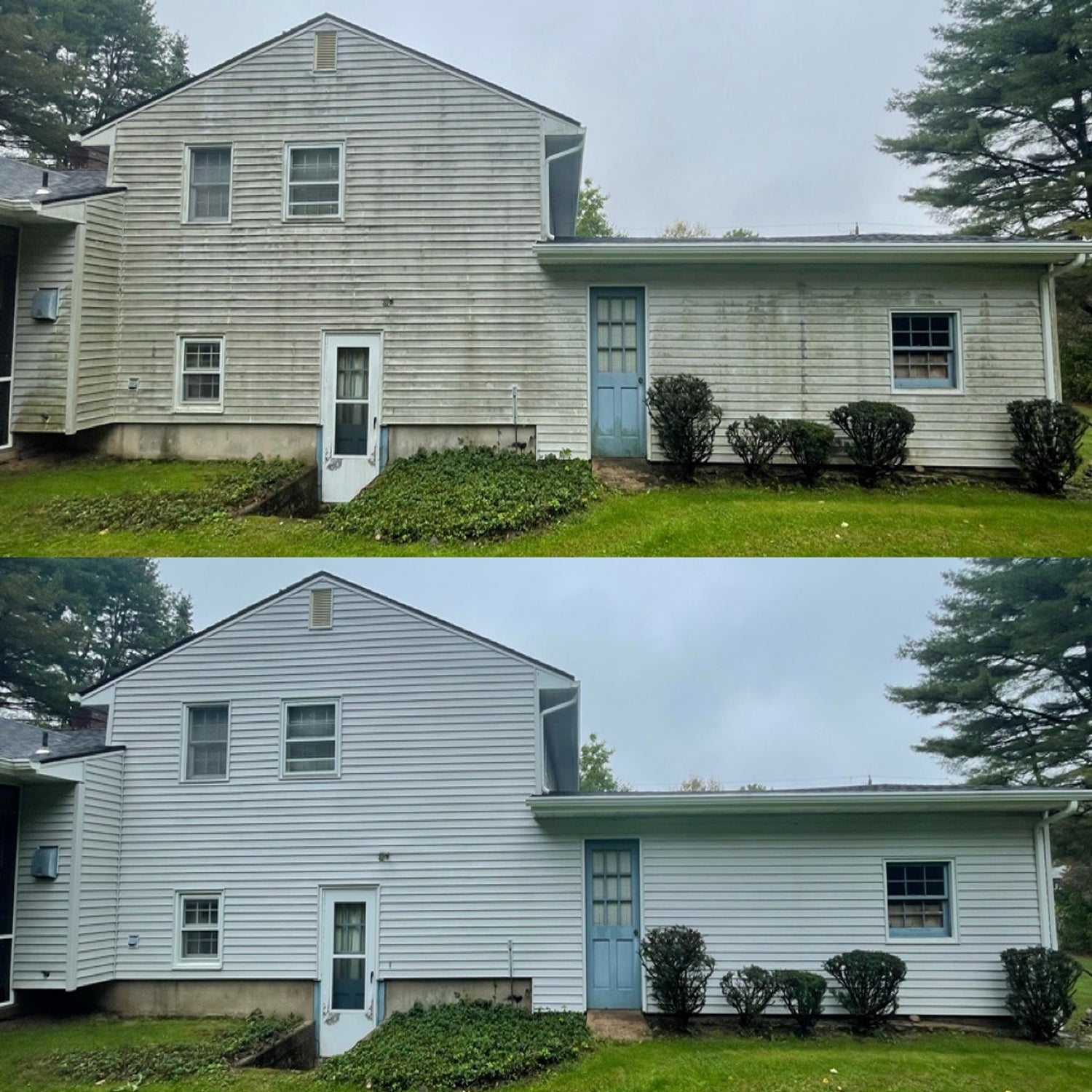 Wash and Stain LLC before and after of a low pressure house washing