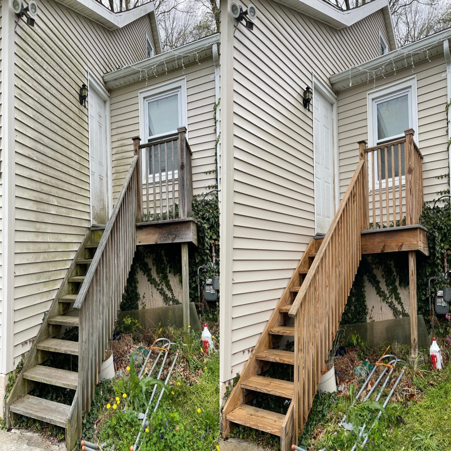 Wash and Stain LLC before and after of a low pressure house washing