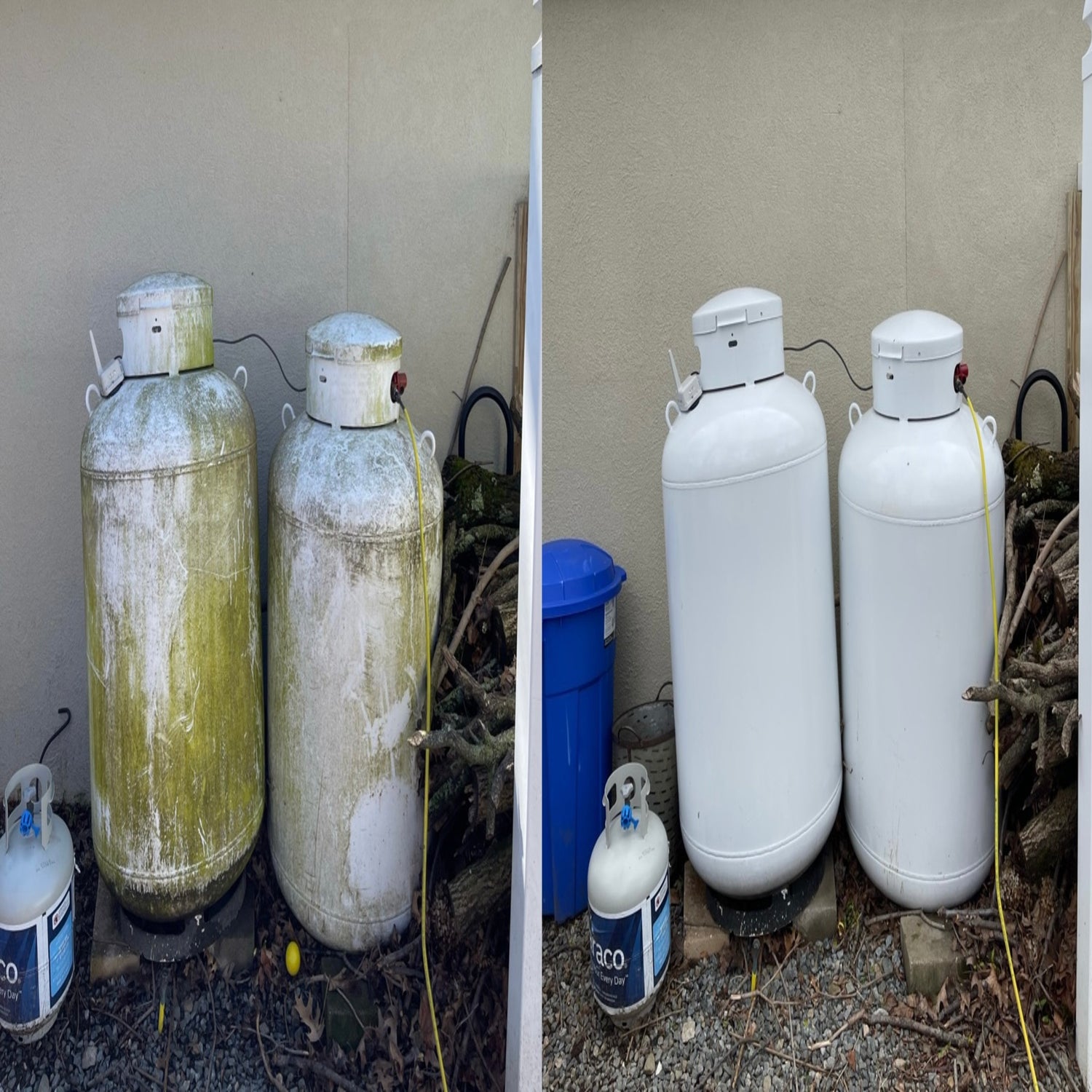 Wash and Stain LLC before and after of propane tanks washed