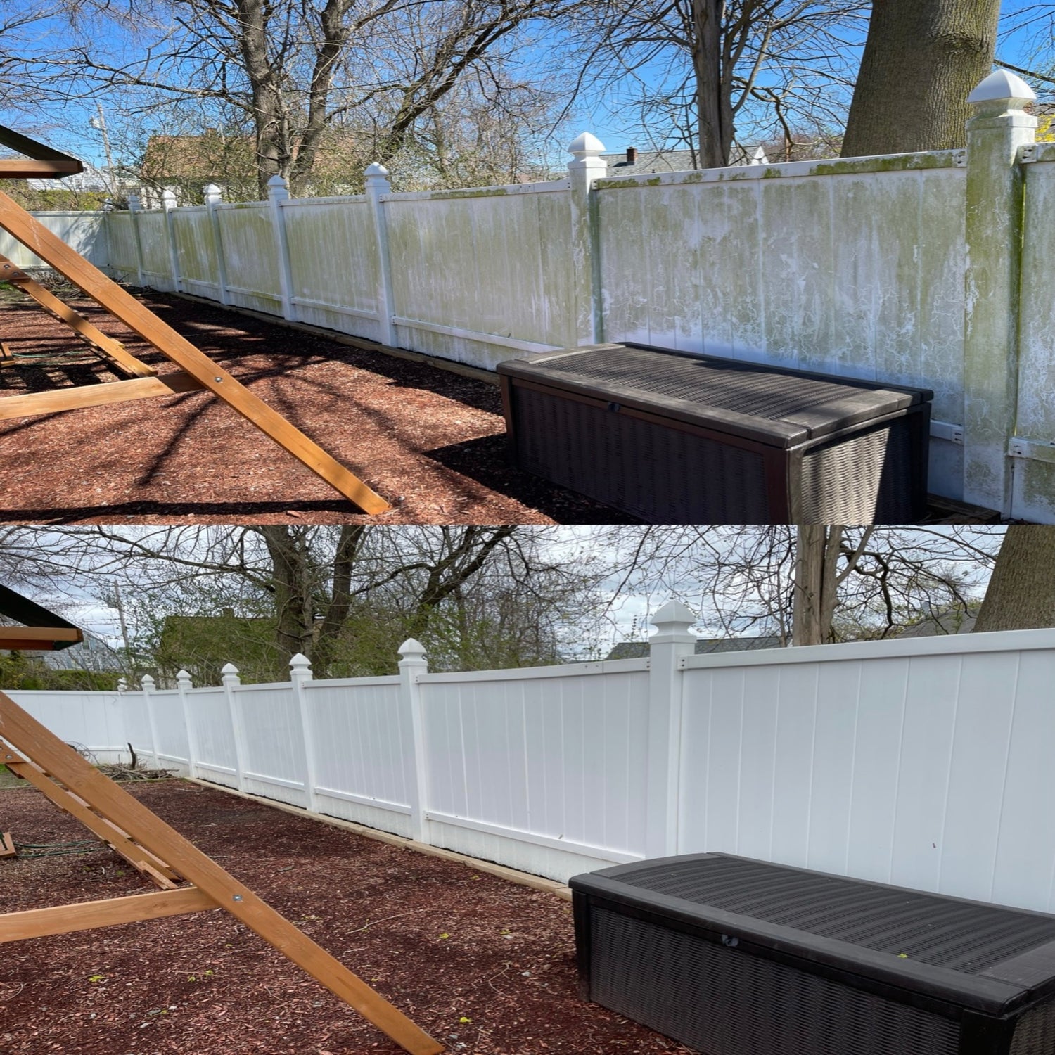 Wash and Stain LLC before and after of an exterior vinyl fence low pressure washing