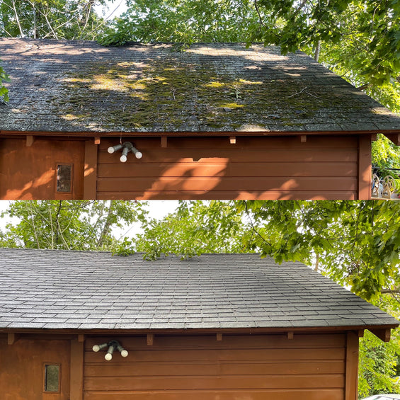 Wash and Stain LLC before and after of a low pressure roof cleaning and moss removal